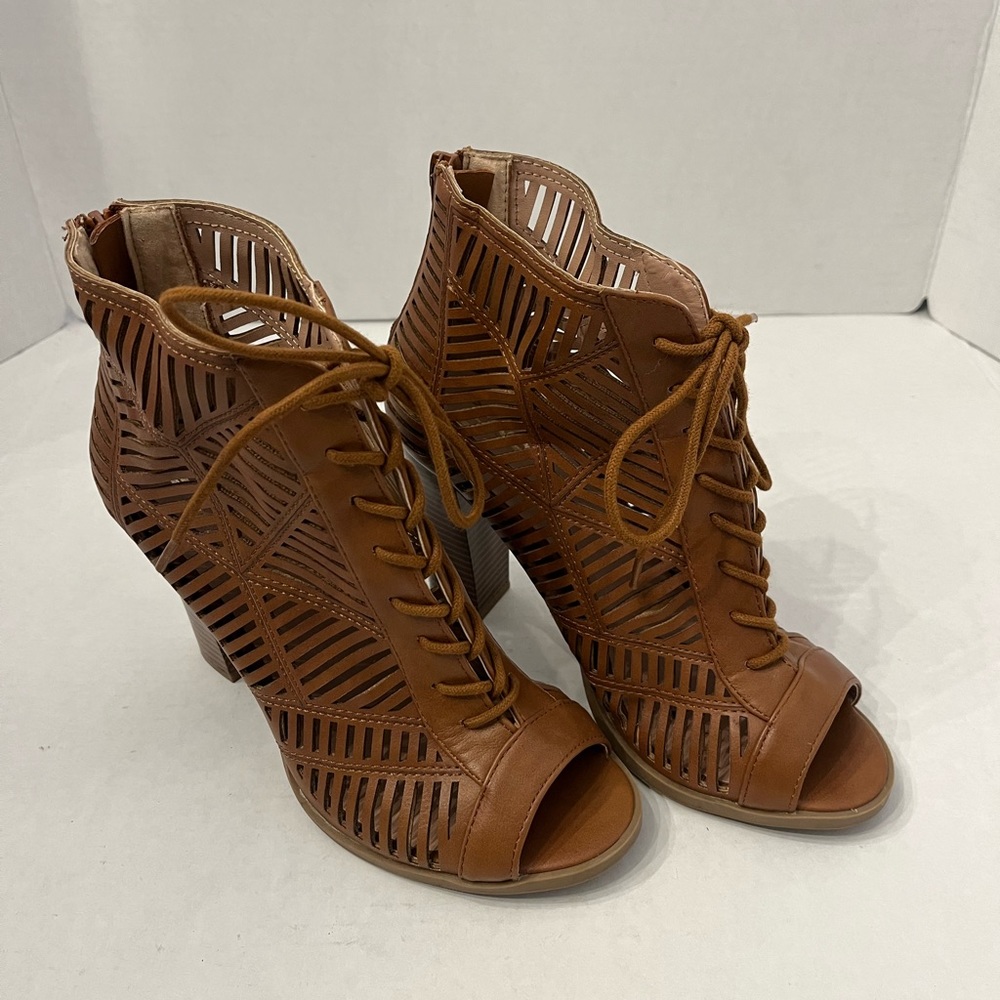 Western  Boho Summer Bootie Boot Laser-Cut  Lace-Up Open Toe Size 8